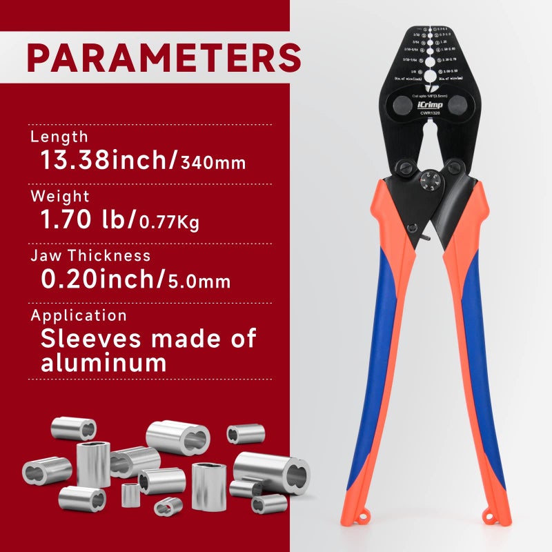 iCrimp Wire Rope Crimping Tool with Built-in Cutter for Cable Railing, Hand Swaging Tool for 1/32~1/8-inch Aluminum Oval Sleeves,Double Barrel Ferrules - Image 2